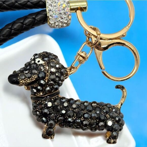 Glitzy Black Wiener Dog Bag Clip Keychain Dachshund Rhinestone Keyring Charm NEW - Picture 3 of 8